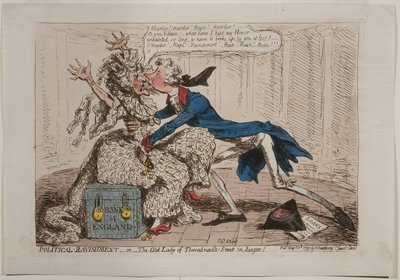 A Political Ravishment, avagy The Old Lady of Threadneedle Street veszélyben!, Hannah Humphrey, 1797 (kézzel színezett rézkarc) alkotó: James Gillray