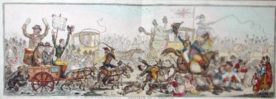 Hozzászólás a választásokhoz: jelenet a Brentford felé vezető úton, Hannah Humphrey 1806-ban (kézzel színezett rézkarc) alkotó: James Gillray