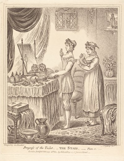 A toalett előrehaladása - A fűző, I. tábla alkotó: James Gillray