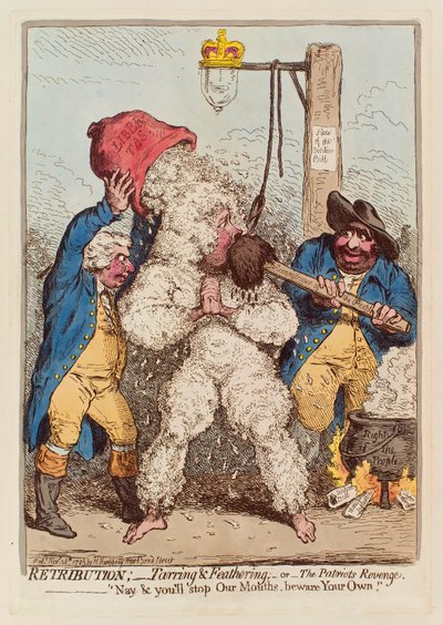 Megtorlás: Tarring and Feathering, avagy A hazafi bosszúja, kocsma. 1795-ös kézzel színezett metszet. alkotó: James Gillray