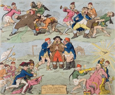 Sans-Culottes Feeding Europe with the Bread of Liberty, kiadta Hannah Humphrey 1793-ban (kézi színezett metszet). alkotó: James Gillray