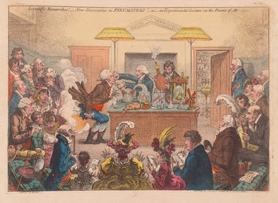 Tudományos kutatások! Új felfedezések a pneumatikában! Vagy egy kísérleti előadás az erőkről osf Air, pub. 1802 (kézzel színezett metszet) alkotó: James Gillray