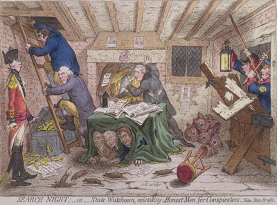 Search Night, or The State Watchmen Mistaking Honest-men for Conspirators, kiadta Hannah Humphrey 1798-ban (kézi színezett metszet) alkotó: James Gillray