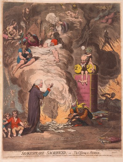 Shakespeare feláldozott vagy a kapzsiság felajánlása, kocsma. 1789 (kézzel színezett metszet) alkotó: James Gillray