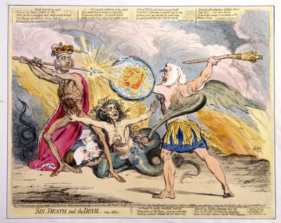 Bűn, halál és ördög, Hannah Humphrey 1792-ben (kézzel színezett rézkarc) alkotó: James Gillray
