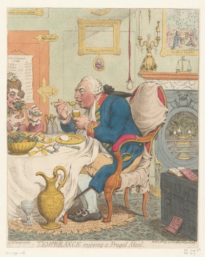 Spotprent op III. György, 1792 Mértékletesség takarékos étkezés közben (cím a tárgyon) alkotó: James Gillray