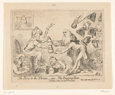 Spotprent, Warren Hastings, 1788 A trón előtti meghajlás, -alias- A kolduló íj alkotó: James Gillray