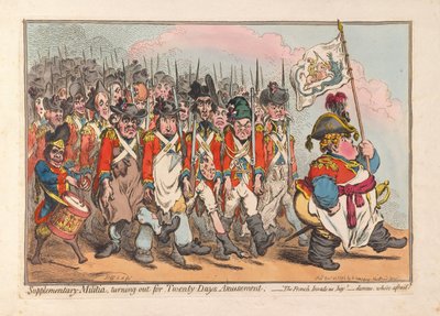 Kiegészítő Milícia, megfordul a Twenty Days Amusement, kocsma. 1796 (kézzel színezett metszet) alkotó: James Gillray