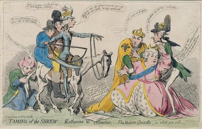 A cickány megszelídítése: Katherine und Petruchio, avagy A modern Quijote, kiadó: S.W. Fores 1791-ben (kézzel színezett rézkarc) alkotó: James Gillray