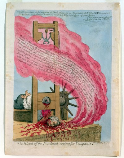 "A meggyilkoltak vére bosszúért kiált", XVI. Lajos (1754-93) guillotine általi kivégzése, Hannah Humphrey kiadása. alkotó: James Gillray