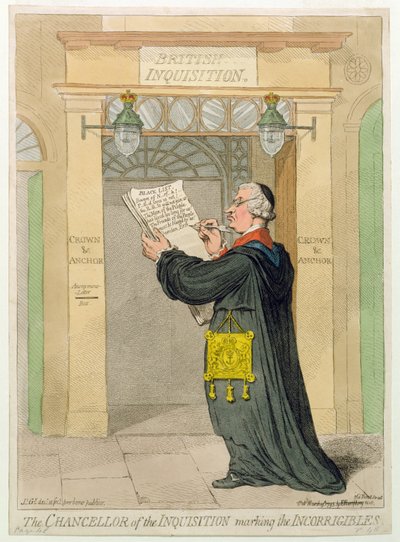 A javíthatatlanokat jelző Inkvizíció kancellárja, Hannah Humphrey adta ki 1793-ban (kézzel színezett rézkarc) alkotó: James Gillray