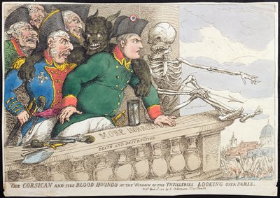 A korzikai és vérebek a Tuileriák ablakában, Párizsra nézve, Hannah Humphrey 1815-ben (kézzel színezett rézkarc) alkotó: James Gillray