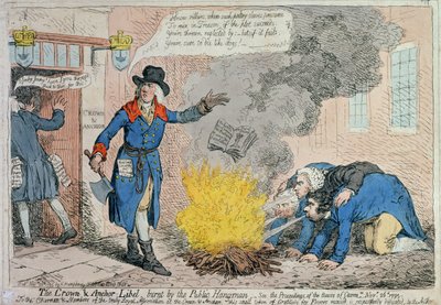 Hannah Humphrey 1795-ben kiadott The Crown und Anchor Belbel (kézzel színezett rézkarc), amelyet a Public Hangman égetett el. alkotó: James Gillray