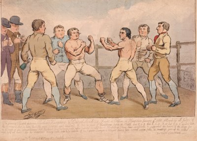 A híres csata Richard Humphreys és Daniel Mendoza között, 1788. január 9., pub. 1788 (kézzel színezett metszet) alkotó: James Gillray