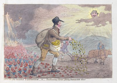 The Generae of Patriotism, vagy The Bloomsbury Farmer, aki Bedfordshire Wheat-et ültet, kocsma. 1796 (kézzel színezett metszet) alkotó: James Gillray