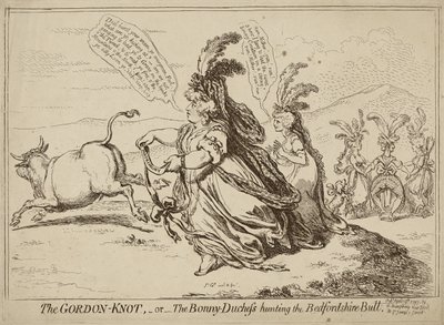 The Gordon Knot vagy The Bonny-Duchess Hunting the Bedfordshire Bull, megjelent 1797. április 29-én (metszet szőtt papírra) alkotó: James Gillray