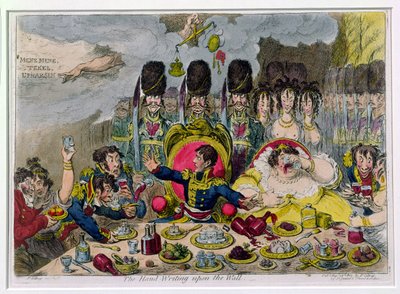 The Hand-Writing upon the Wall, kiadta Hannah Humphrey 1803-ban (kézi színezett metszet) alkotó: James Gillray