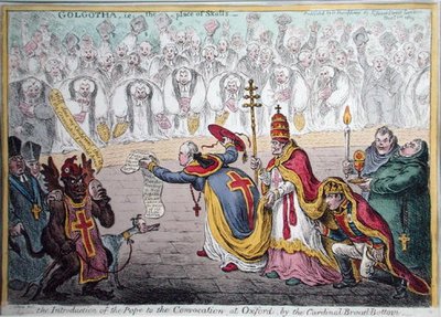 A pápa bevezetője az oxfordi összehíváshoz, Broad-Bottom bíborostól, Hannah Humphrey adta ki 1809-ben (kézzel színezett rézkarc) alkotó: James Gillray