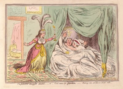 A Jersey-i csempész észlelte, vagy Jó ok az elválásra, a házassági fogadalmak hamisak, mint Dicers esküje, kocsma. 1796 (kézzel színezett metszet) alkotó: James Gillray