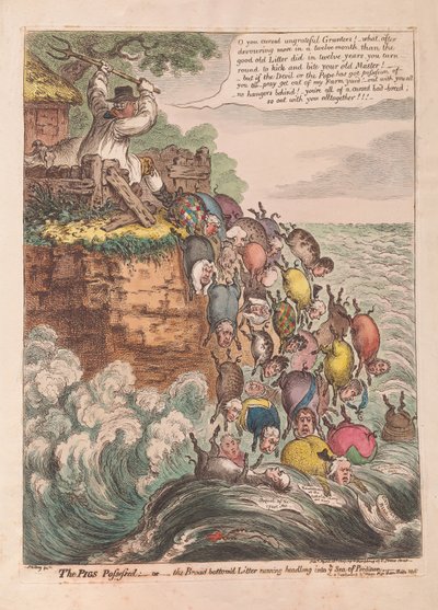 A Disznók megszállt: vagy a Széles fenekű alom, amely hanyatt-homlok rohan a Veszülettengerbe, kocsma. 1807 (kézzel színezett metszet) alkotó: James Gillray