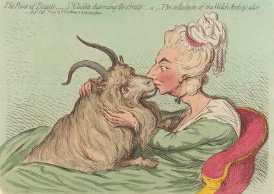 A szépség hatalma; - Szent Cecília elbűvöli a vadállatot; - vagy - A walesi nagykövet elcsábítása (innen: Caricature, 2. kötet) alkotó: James Gillray
