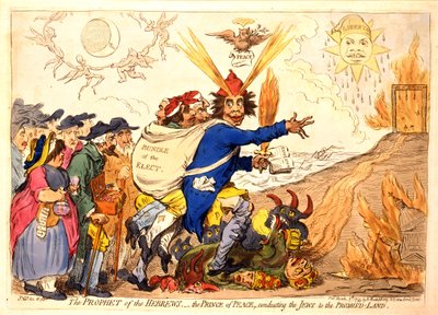 A Héberek Prófétája - a Béke Hercege, aki a zsidókat az Ígéret Földjére vezeti, kocsma. Hannah Humphrey, 1795 (kézzel színezett metszet) alkotó: James Gillray
