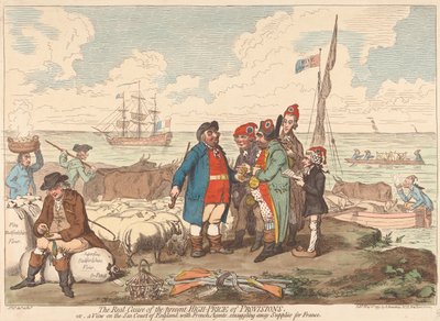 A jelenlegi magas élelmiszerárak valódi oka, avagy kilátás Anglia tengerpartjára francia ügynökökkel, akik Franciaországba csempésznek készleteket alkotó: James Gillray