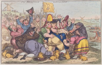 The Reception in Holland, Hannah Humphrey 1799-ben (kézzel színezett rézkarc) alkotó: James Gillray