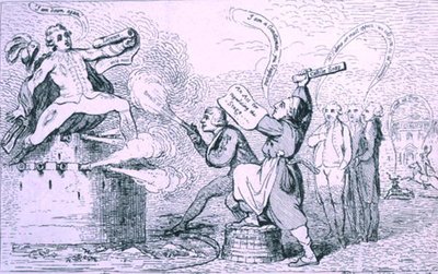 A színházi háború, S.W. Fores 1787-ben (rézkarc) alkotó: James Gillray