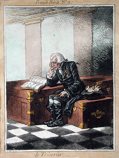 A kincstárnok, 11. tábla a Hannah Humphrey által 1798-ban kiadott „French Habits”-ből (színes rézkarc) alkotó: James Gillray
