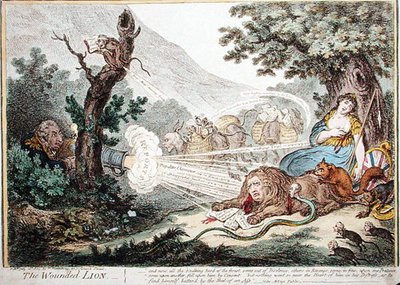 A sebesült oroszlán, Hannah Humphrey kiadása 1805-ben (kézi színezett metszet) alkotó: James Gillray