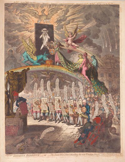 Titianus Redivivus vagy a Hét Bölcs, aki tanácsot ad az új velencei orákulumnak, egy jelenet az Academic Grove No.1-ben, pub. 1797 (kézzel színezett metszet) alkotó: James Gillray