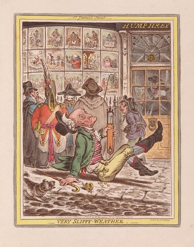Nagyon csúszós idő, kocsma. 1808 (kézzel színezett metszet) alkotó: James Gillray
