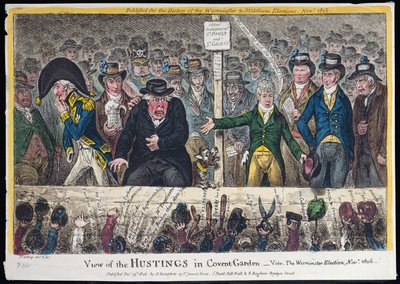 A Covent Gardeni Hustings képe, Hannah Humphrey 1806-ban (kézzel színezett rézkarc akvatintával) alkotó: James Gillray