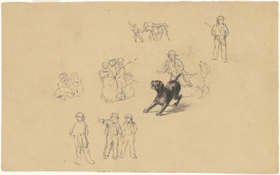 Ugató kutya és tanulmányok a milícia kiképzéséhez, 1841 körül (grafit) alkotó: James Goodwin Clonney