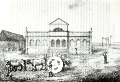 A riói börze, nyilvános trapiche, füves kocsi és akasztófa, illusztráció James Henderson 1821-ben Londonban megjelent „Brazília története” című művéből. alkotó: James Henderson