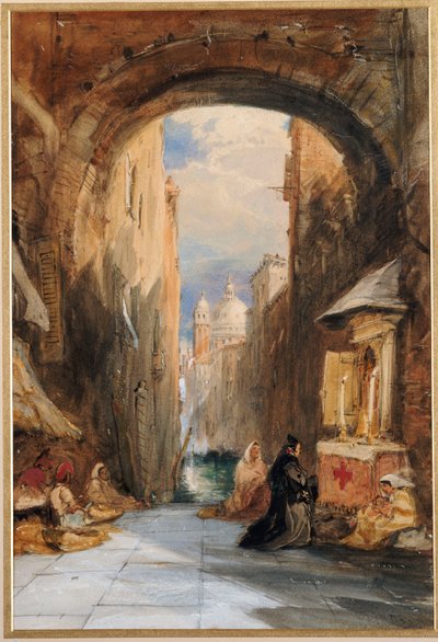 Velence: Edicola egy boltív alatt, Santa Maria della Salute a távolban, 1853 alkotó: James Holland