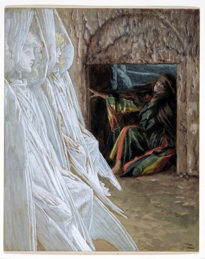 Mária Magdolna megkérdőjelezi az angyalokat a sírban, illusztráció: Krisztus élete, 1886-94 (wc és gouache kartonon) alkotó: James Jacques Joseph Tissot