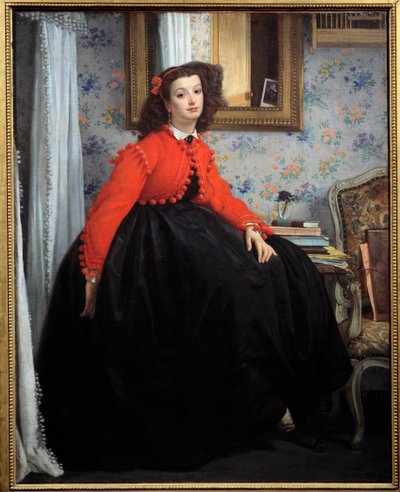 Mademoiselle L. L. egészalakos portréja vagy fiatal lány piros kabátban Jacques Joseph (Jacques-Joseph) Tissot festménye James Tissot (1836-1902) 1864 V. 1,24x0,99 m Párizs, Orsay Múzeum alkotó: James Jacques Joseph Tissot
