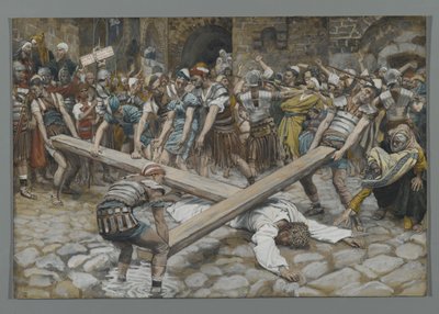 Ciréni Simon, aki kénytelen hordozni a keresztet Jézussal, illusztráció: Urunk Jézus Krisztus élete, 1886-94 (wc grafit fölött, papíron) alkotó: James Jacques Joseph Tissot