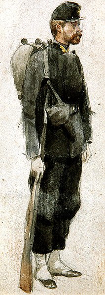 Katona puskával „nyugodtan” (akvarell papíron) alkotó: James Jacques Joseph Tissot
