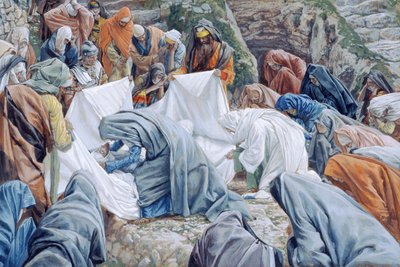 A Szent Szűz megcsókolja Krisztus arcát, mielőtt bebugyolálják a tekercslapba, illusztráció: Krisztus élete, 1886-94 (wc és gouache kartonon) alkotó: James Jacques Joseph Tissot