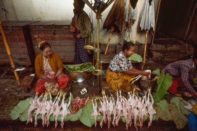 Élelmiszerárusok thanakával, porított fakéreggel díszített arcokkal. Taunggyi, Burma. alkotó: James L Stanfield