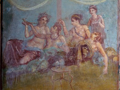 Pompejiben feltárt freskó a római felsőbb osztályról, amint luxusban élvezik az életet. Pompeji, Olaszország. alkotó: James L Stanfield