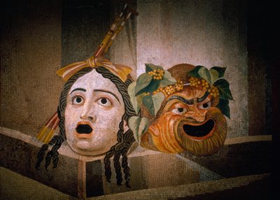 Római mozaik a Kr. u. 2. századból, tragédiával és komédiával. Musei Capitolini, Róma, Olaszország. alkotó: James L Stanfield