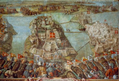 Ez a freskó Málta 1565-ös török ostromát ábrázolja. Műalkotás. alkotó: James L Stanfield