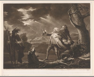 David Garrick Lear király szerepében Kent grófjával és Tomnak álcázott Edgarral egy viharos tájon alkotó: James McArdell