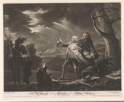 David Garrick Lear király szerepében Kent grófjával és Tomnak álcázott Edgarral egy viharos tájon úr. Garrick Lear király karakterében (cím a tárgyon) alkotó: James McArdell