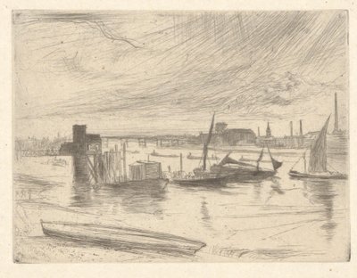 Battersea Dawn (Cadogan Pier), a Temze díszletéből (Tizenhat rézkarc sorozat a Temzéről és más témákról) alkotó: James Abbott McNeill Whistler