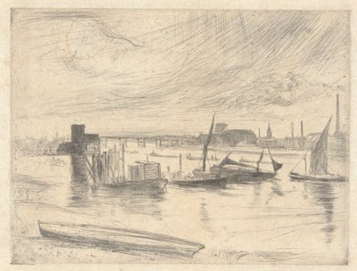 Hajnal Battersea-ben (Cadogan móló), a Temze-sorozatból (tizenhat rézkarc sorozata a Temze menti jelenetekről és más témákról) alkotó: James McNeill Whistler